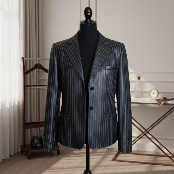 Armani Collezioni Jackets & Blazers - Armani Collezioni Black Pinstripe Leather Jacket